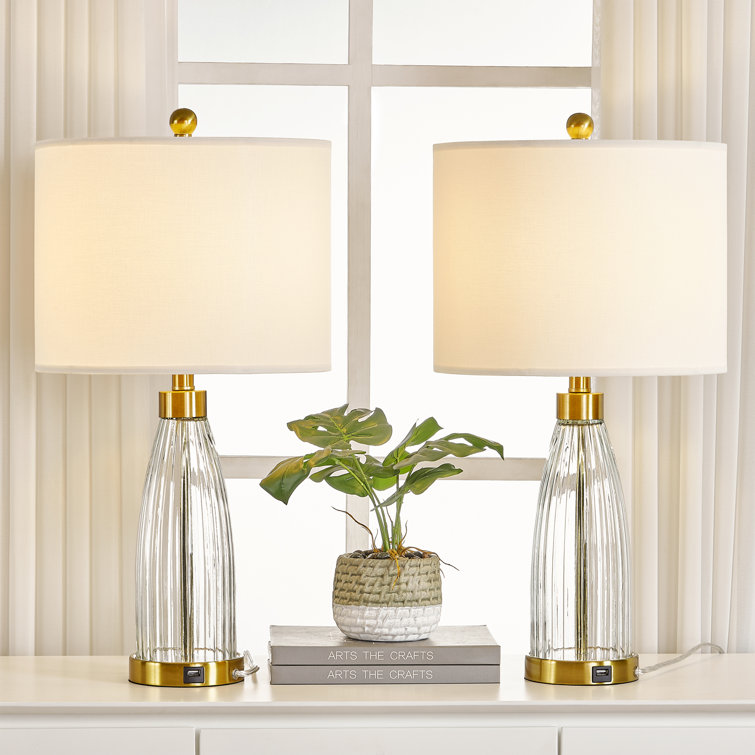 Gold and Glass 25'' Table Lamp Set with USB Ports