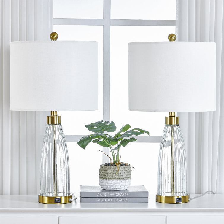 Gold and Glass 25'' Table Lamp Set with USB Ports