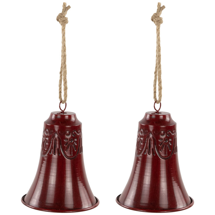 Burgundy Embossed Metal Christmas Bell Ornaments with Jute Rope - Set of 2