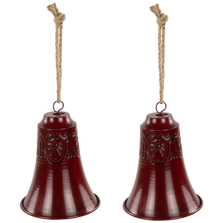 Burgundy Embossed Metal Christmas Bell Ornaments with Jute Rope - Set of 2