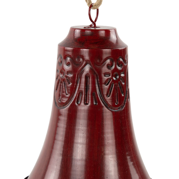 Burgundy Embossed Metal Christmas Bell Ornaments with Jute Rope - Set of 2