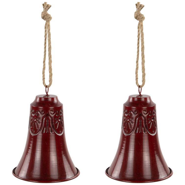 Burgundy Embossed Metal Christmas Bell Ornaments with Jute Rope - Set of 2