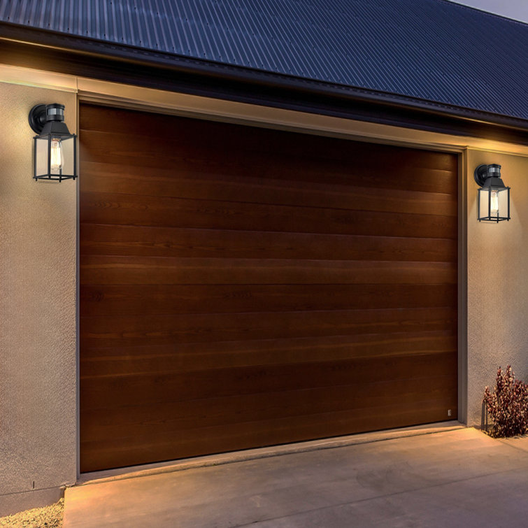 Black Hardwired Outdoor Wall Light with Motion Sensor and Glass Shade