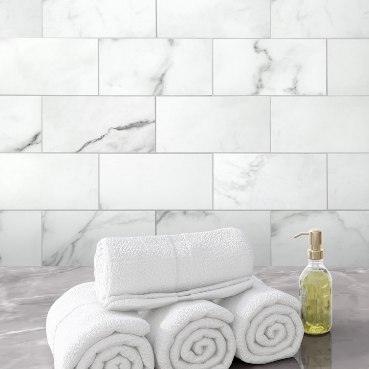 12'' x 12'' White Marble Peel and Stick Subway Tile