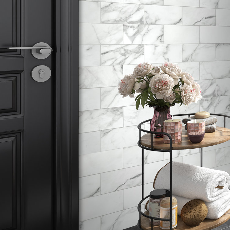 12'' x 12'' White Marble Peel and Stick Subway Tile