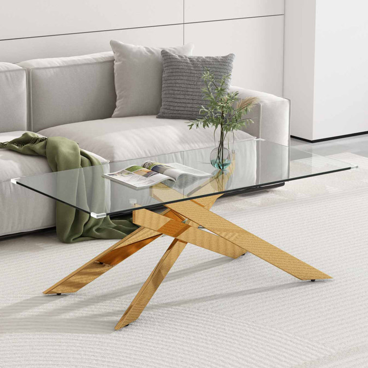 Modern Rectangular Glass Coffee Table with Gold Metal Base