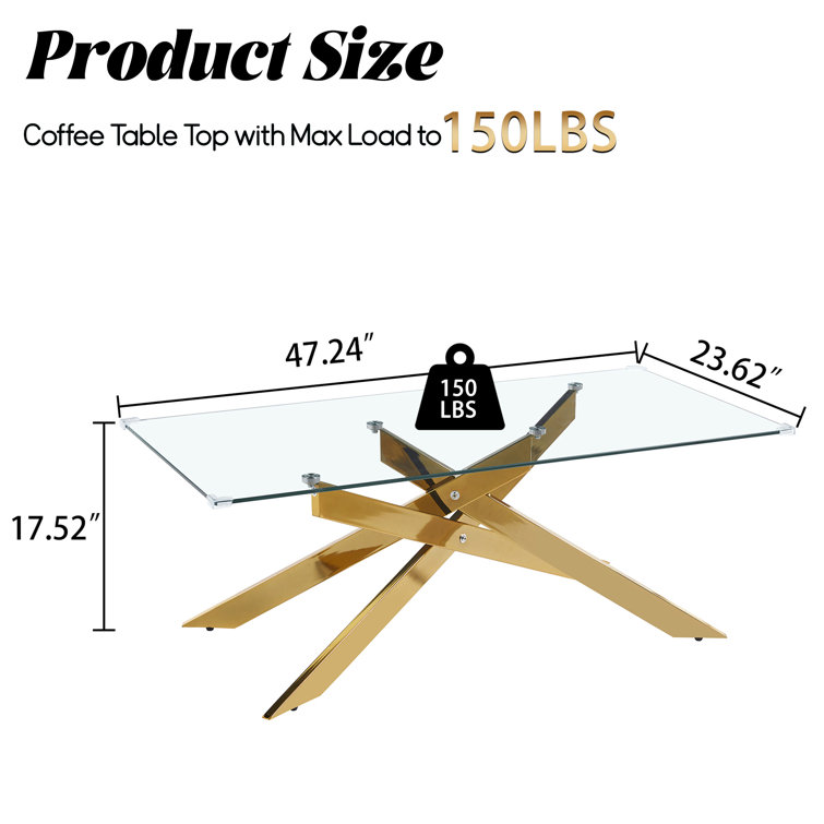 Modern Rectangular Glass Coffee Table with Gold Metal Base