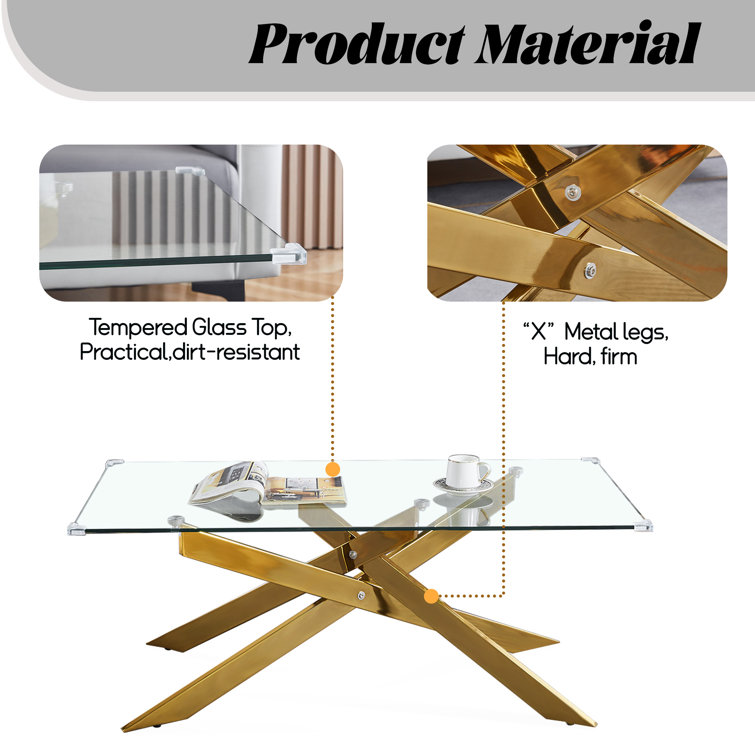 Modern Rectangular Glass Coffee Table with Gold Metal Base