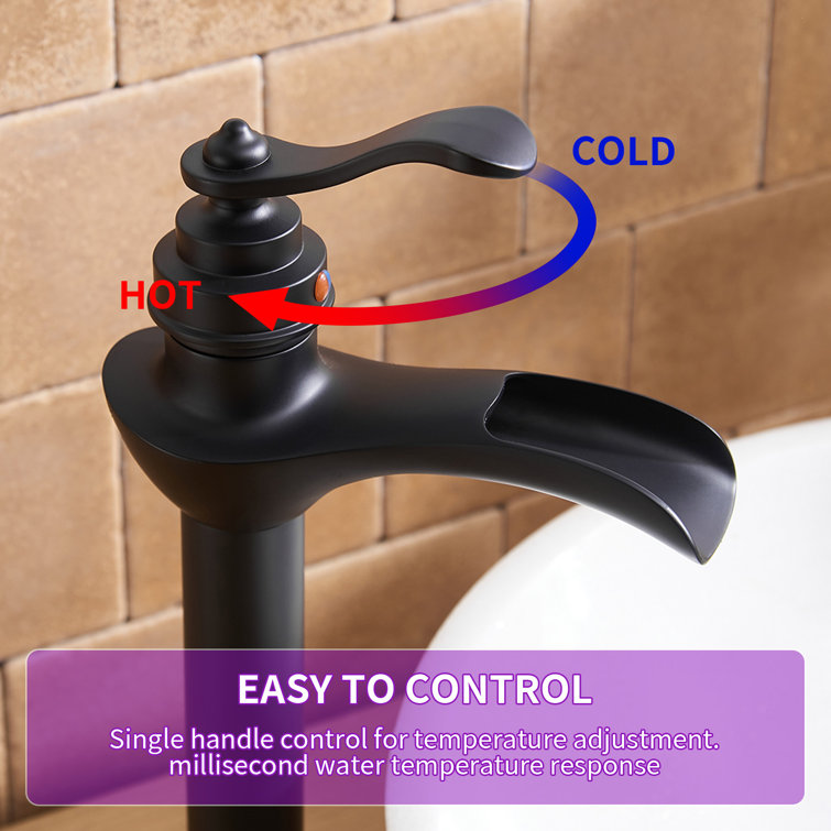 Matte Black Tall Vessel Sink Faucet with Waterfall Spout and Drain Assembly