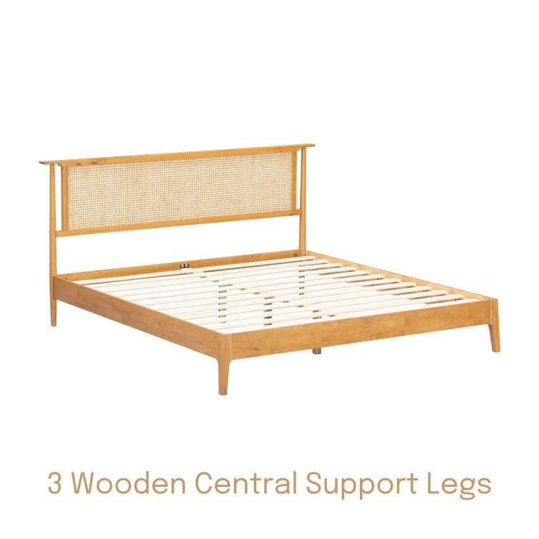 Ruby Queen Rustic Oak Wooden Bed Frame with Natural Rattan Headboard
