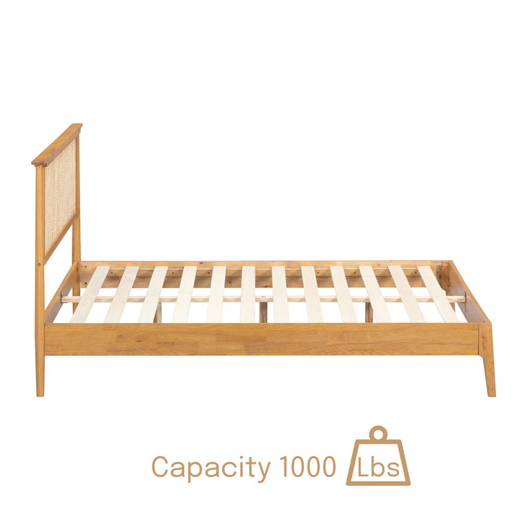 Ruby Queen Rustic Oak Wooden Bed Frame with Natural Rattan Headboard