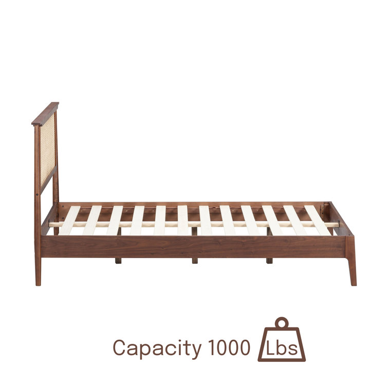 Queen Dark Walnut Wood Bed Frame with Rattan Headboard