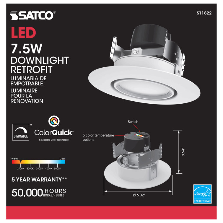 Satco S11822 7.5W LED Adjustable CCT Gimbal Retrofit Downlight, White