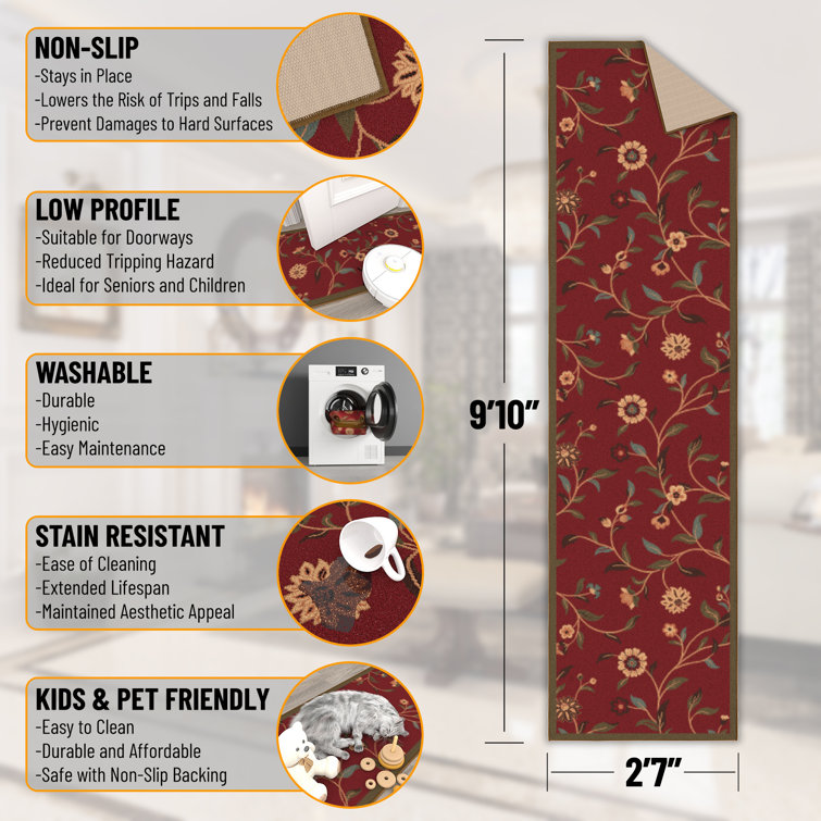 Red Floral Synthetic Rubber Back Hallway Runner Rug