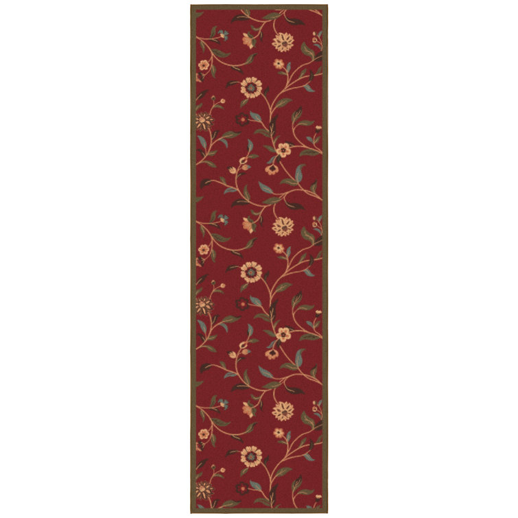 Red Floral Synthetic Rubber Back Hallway Runner Rug