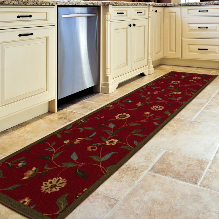 Red Floral Synthetic Rubber Back Hallway Runner Rug