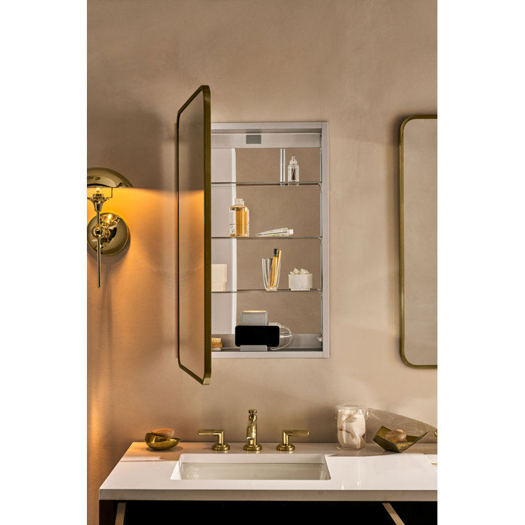 Aged Brass Metal Framed Medicine Cabinet with Mirror