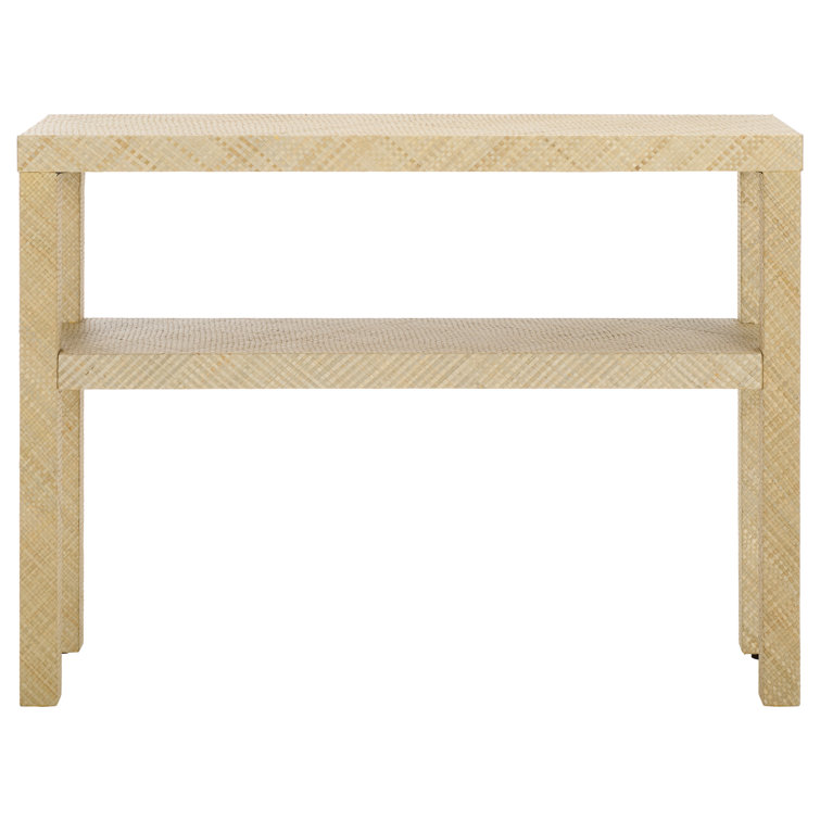 Natural Raffia Wood Console Table with Two Shelves