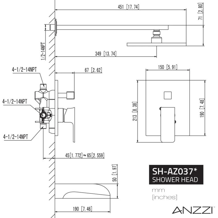 Matte Black Brass Square Wall Mounted Shower Faucet