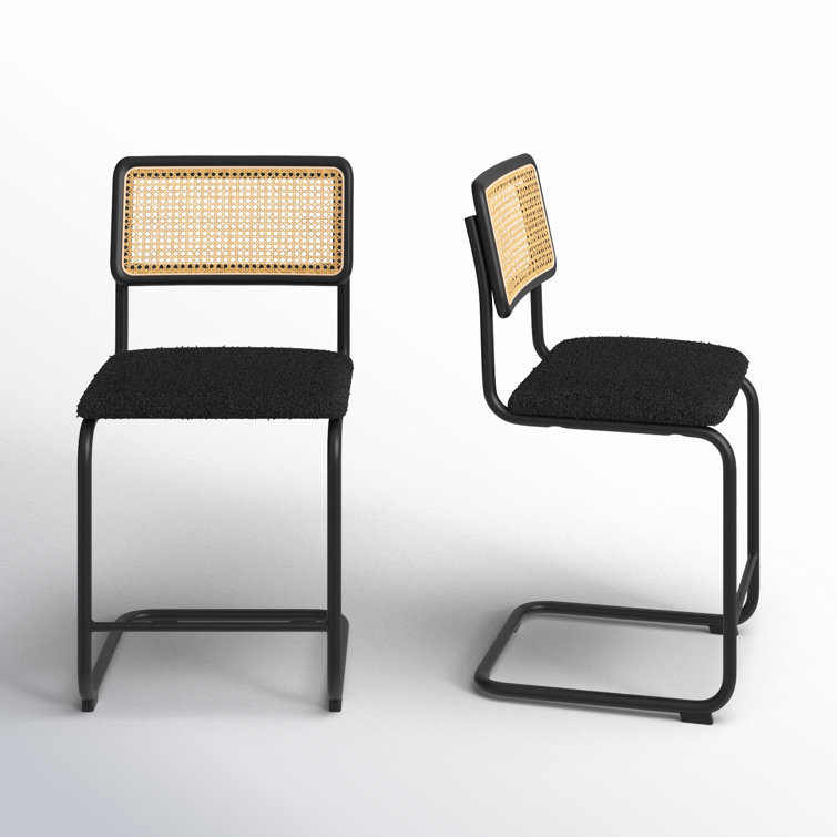 Black Boucle Upholstered Counter Stools with Cane Backrest, Set of 2