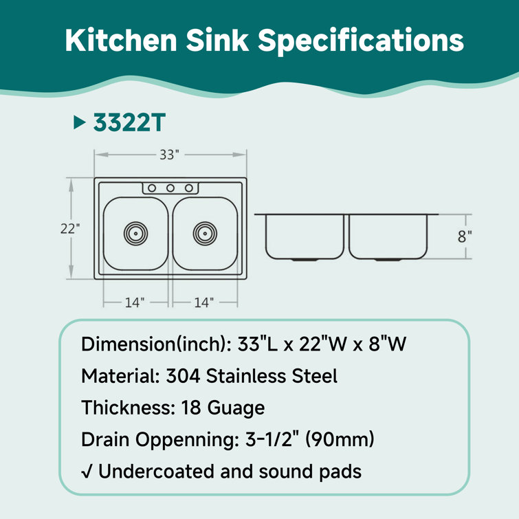 33" Stainless Steel Double Bowl Drop-In Kitchen Sink