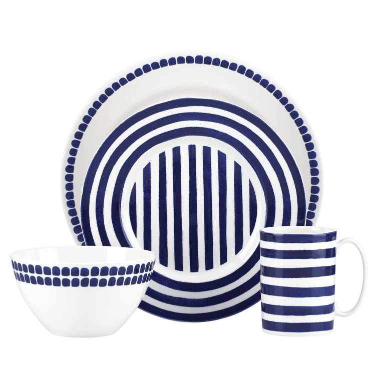 Elegant Charlotte Street 4-Piece White and Blue Porcelain Dinnerware Set