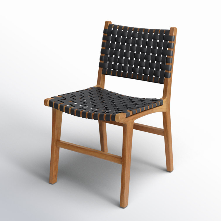 Black Leather Woven Upholstered Side Chair with Natural Wood Frame