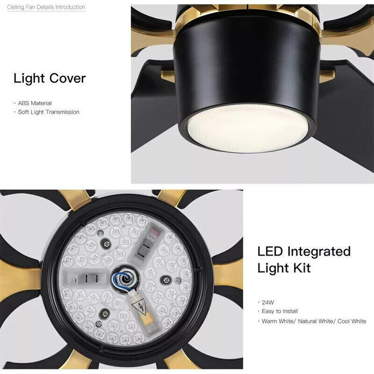 Modern 60'' Black and Gold Ceiling Fan with LED Light and Remote