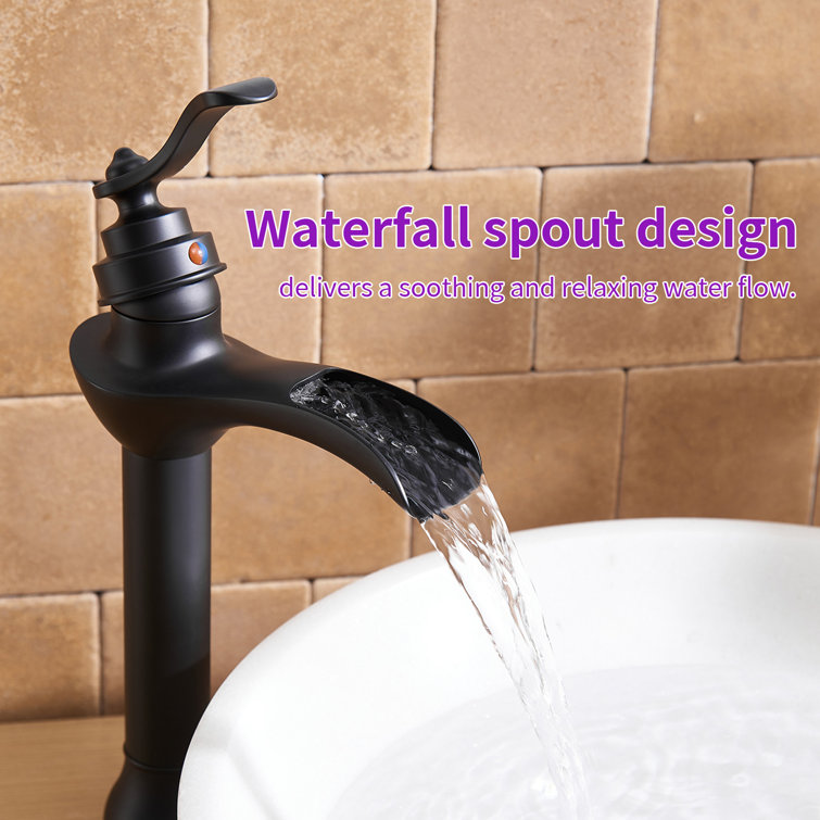 Matte Black Tall Vessel Sink Faucet with Waterfall Spout and Drain Assembly