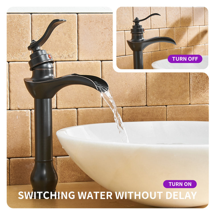 Matte Black Tall Vessel Sink Faucet with Waterfall Spout and Drain Assembly