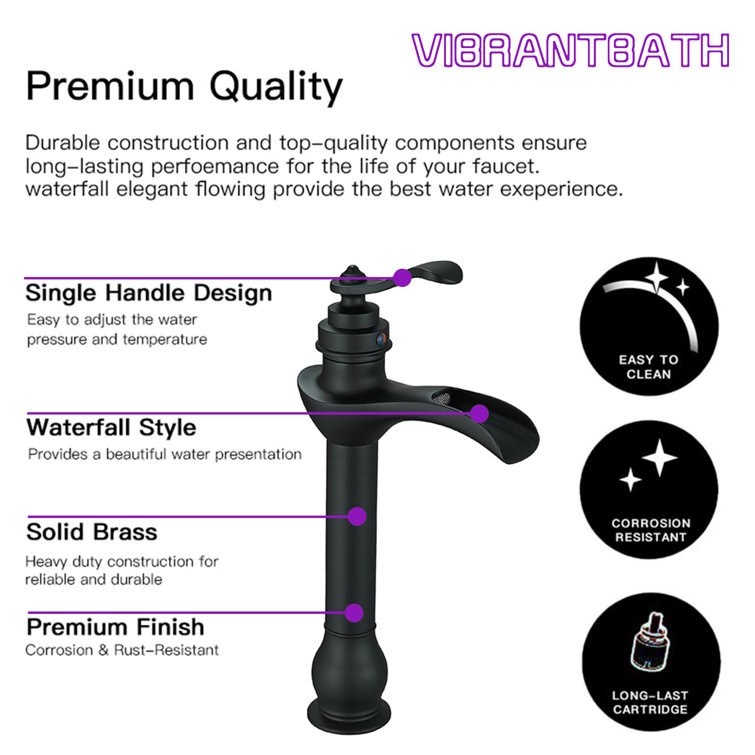 Matte Black Tall Vessel Sink Faucet with Waterfall Spout and Drain Assembly