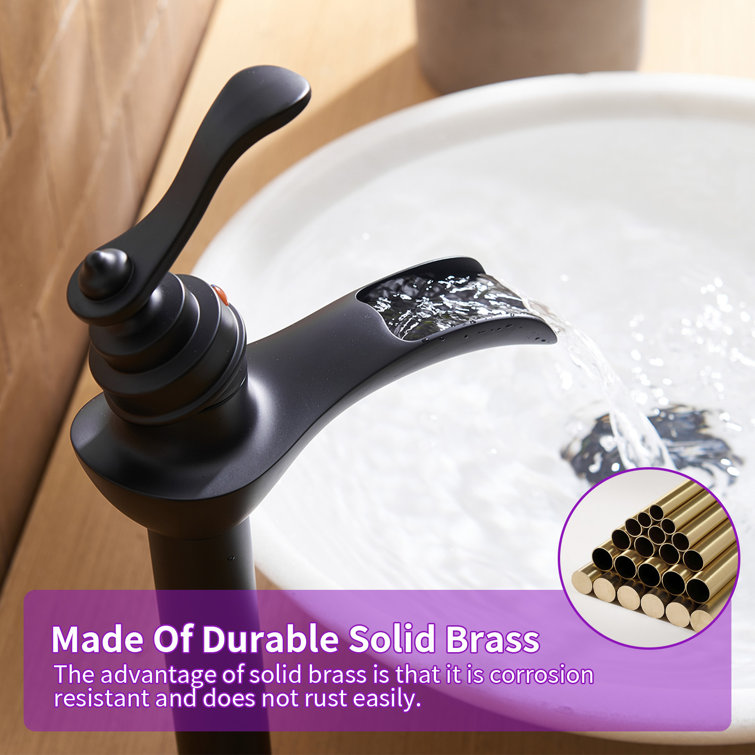 Matte Black Tall Vessel Sink Faucet with Waterfall Spout and Drain Assembly