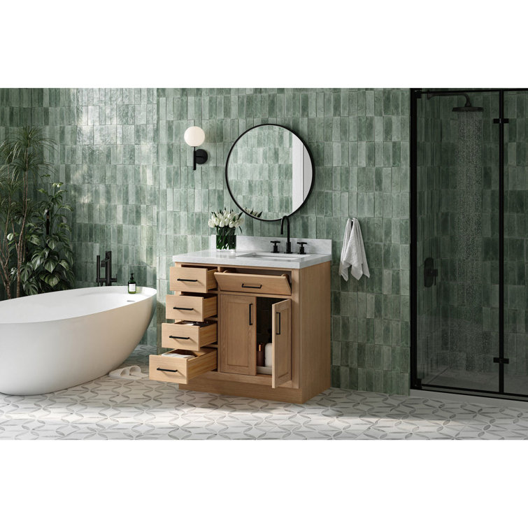 Oak Freestanding Single Vanity with Carrara Marble Top