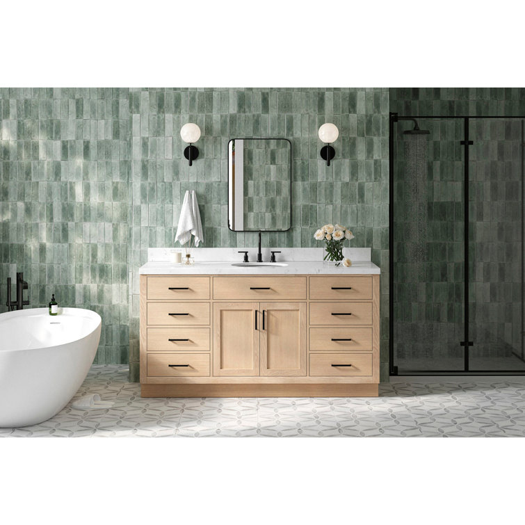 Hepburn 66" Medium Oak Freestanding Bathroom Vanity Base with Black Hardware