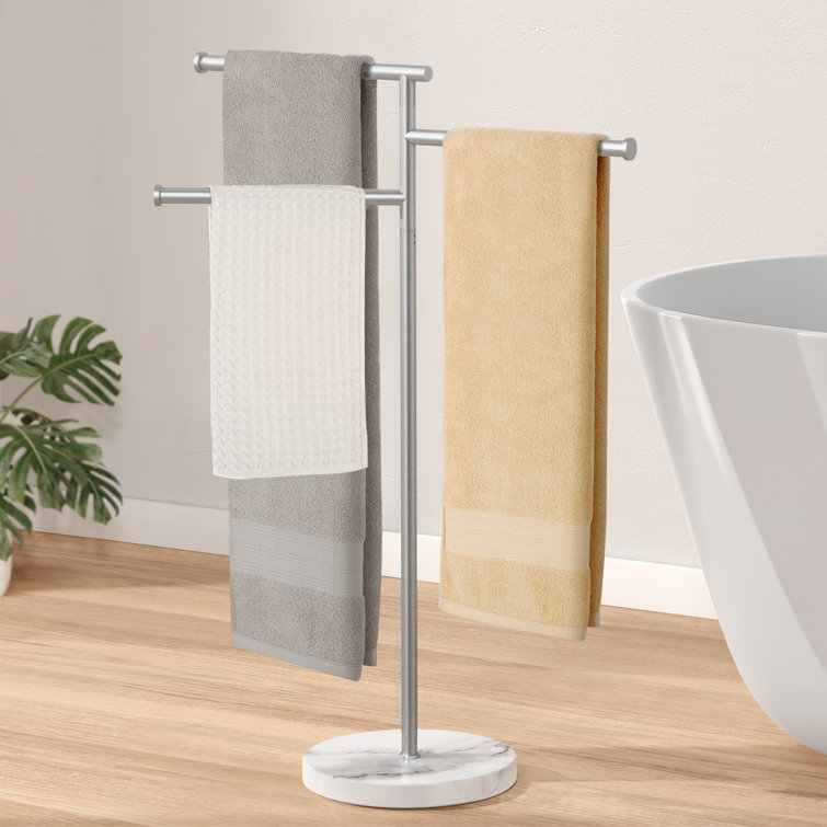 Brushed Silver Freestanding Towel Rack with Marble Base