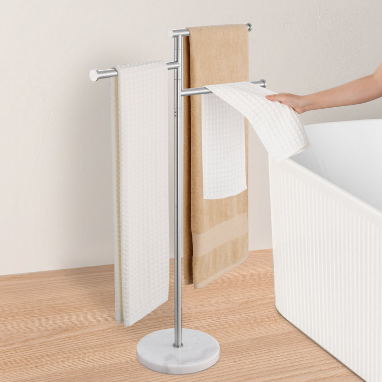 Brushed Silver Freestanding Towel Rack with Marble Base