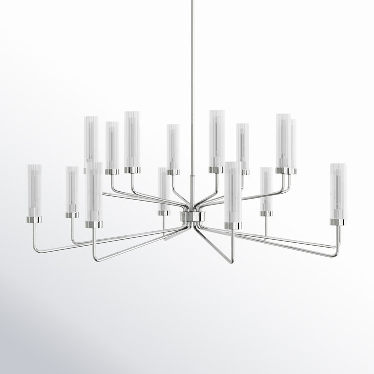 Polished Nickel 16-Light Chandelier with Clear Ribbed Glass Shades