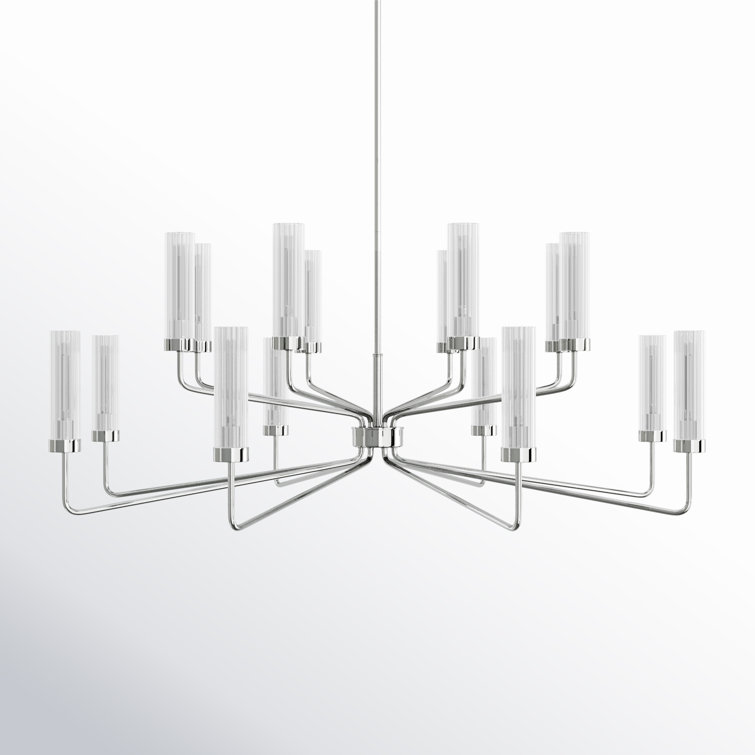 Polished Nickel 16-Light Chandelier with Clear Ribbed Glass Shades