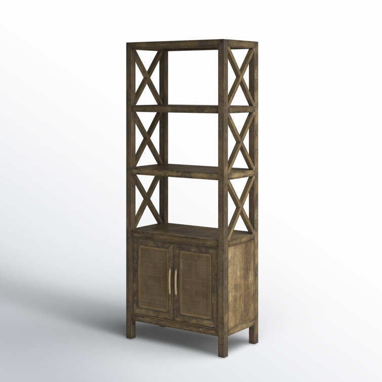 Cliffside Brown Pecan & Rattan Bookcase with Adjustable Shelves