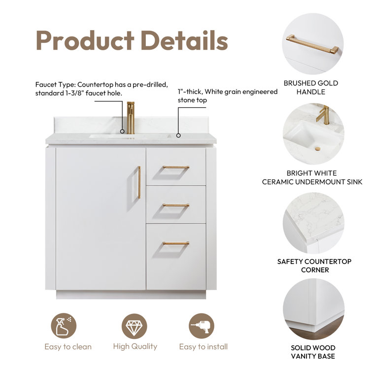 San 36'' White Single Bathroom Vanity with Gold Hardware