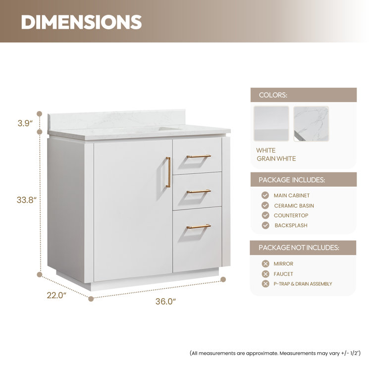 San 36'' White Single Bathroom Vanity with Gold Hardware