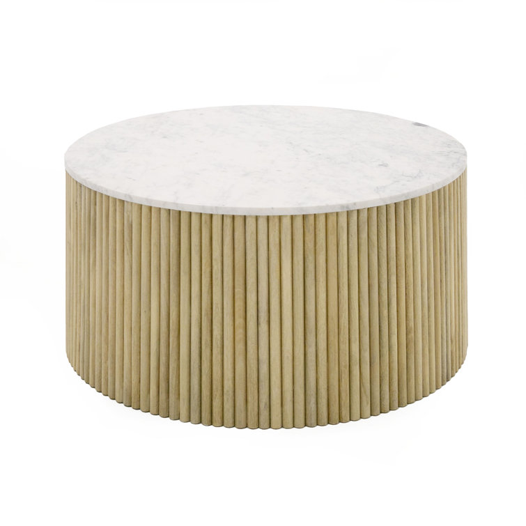 Carmela Round White Marble and Mango Wood Coffee Table