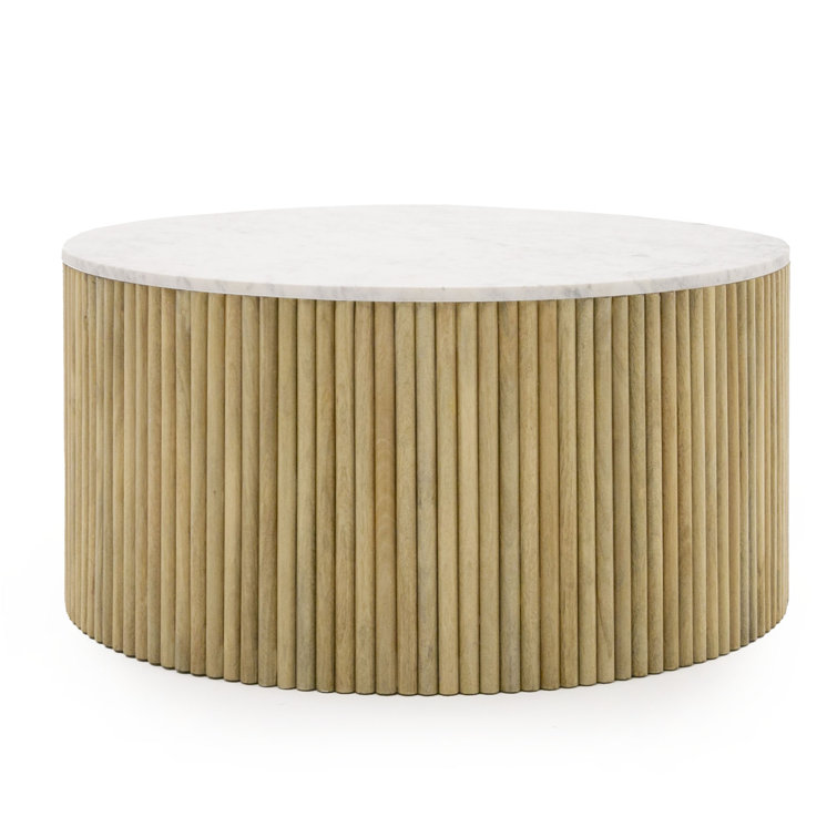 Carmela Round White Marble and Mango Wood Coffee Table