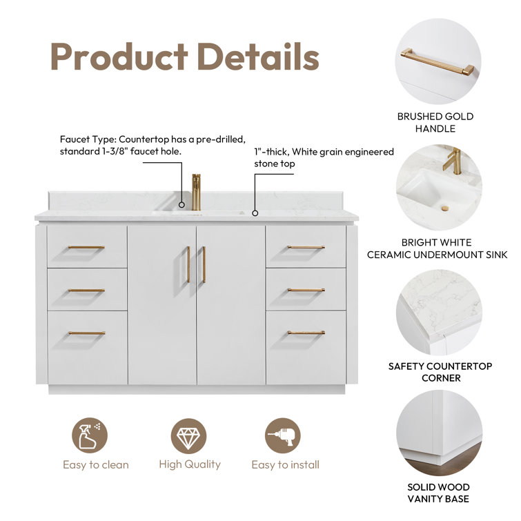 San 60'' White and Gold Freestanding Single Bathroom Vanity