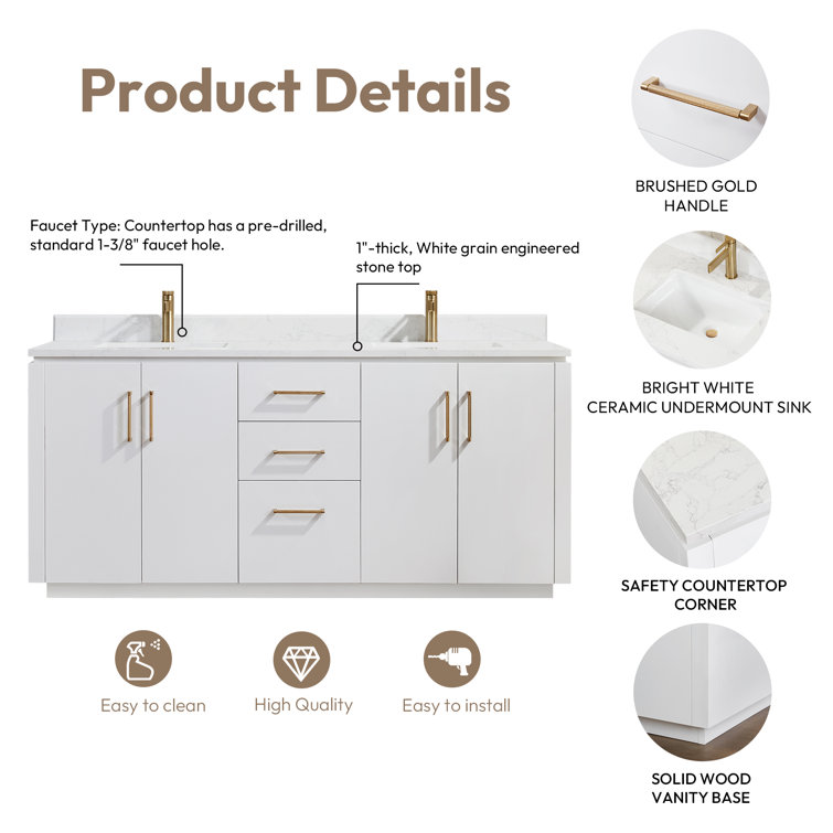 San 72" White Freestanding Double Vanity with Gold Hardware