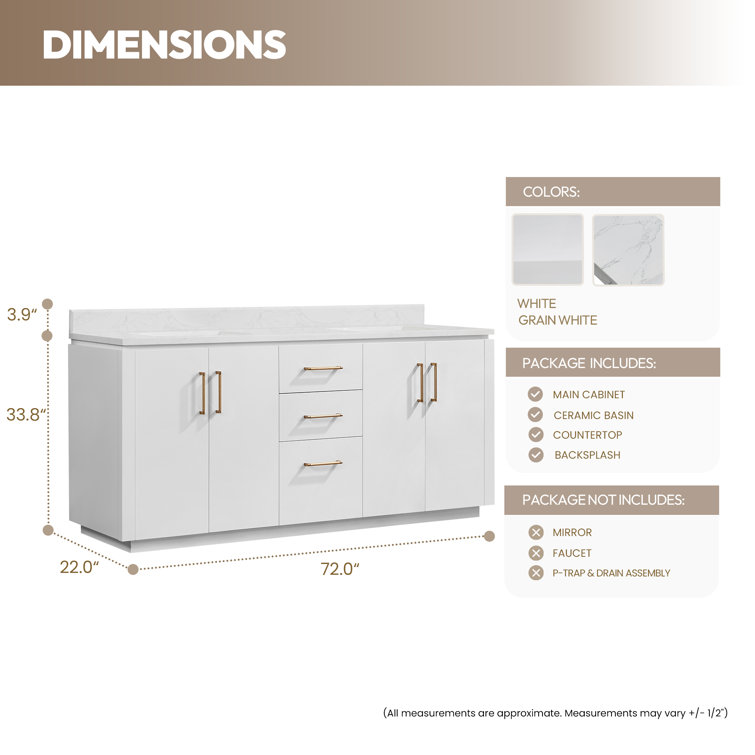 San 72" White Freestanding Double Vanity with Gold Hardware