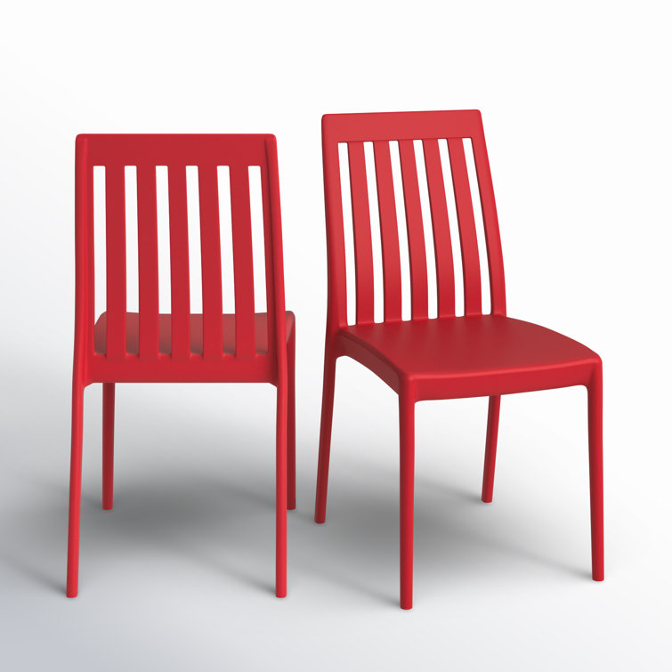 Red Stackable Plastic Outdoor Dining Chairs with Slatted Back, Set of 2