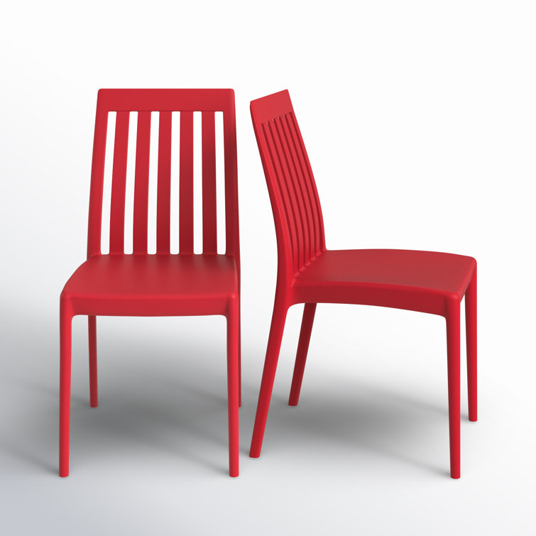 Red Stackable Plastic Outdoor Dining Chairs with Slatted Back, Set of 2