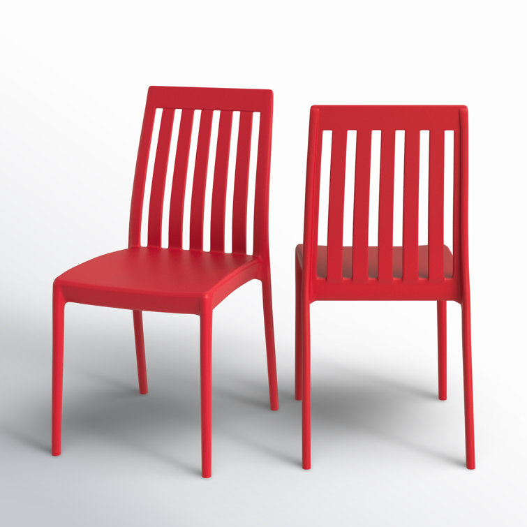 Red Stackable Plastic Outdoor Dining Chairs with Slatted Back, Set of 2