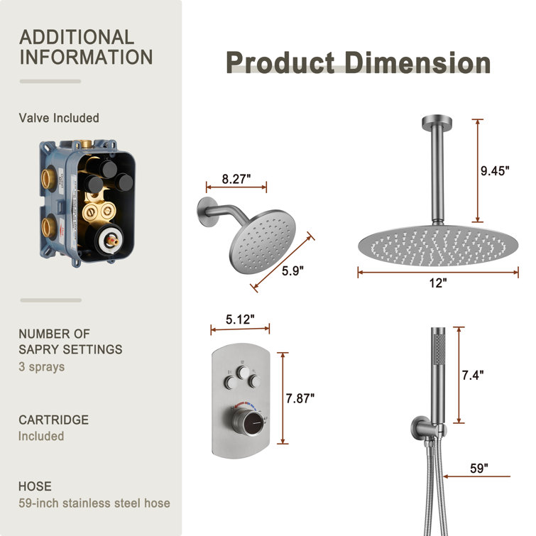Brushed Nickel Dual Rainfall and Handheld Shower System with 12-inch Ceiling Mount